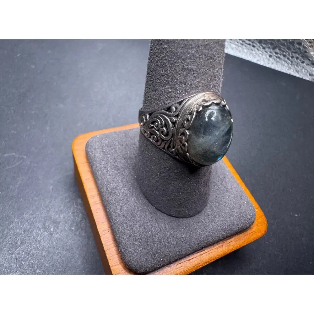 Vintage 925 Sterling Silver Signed Labradorite Statement Filigree Ring Sz 9
